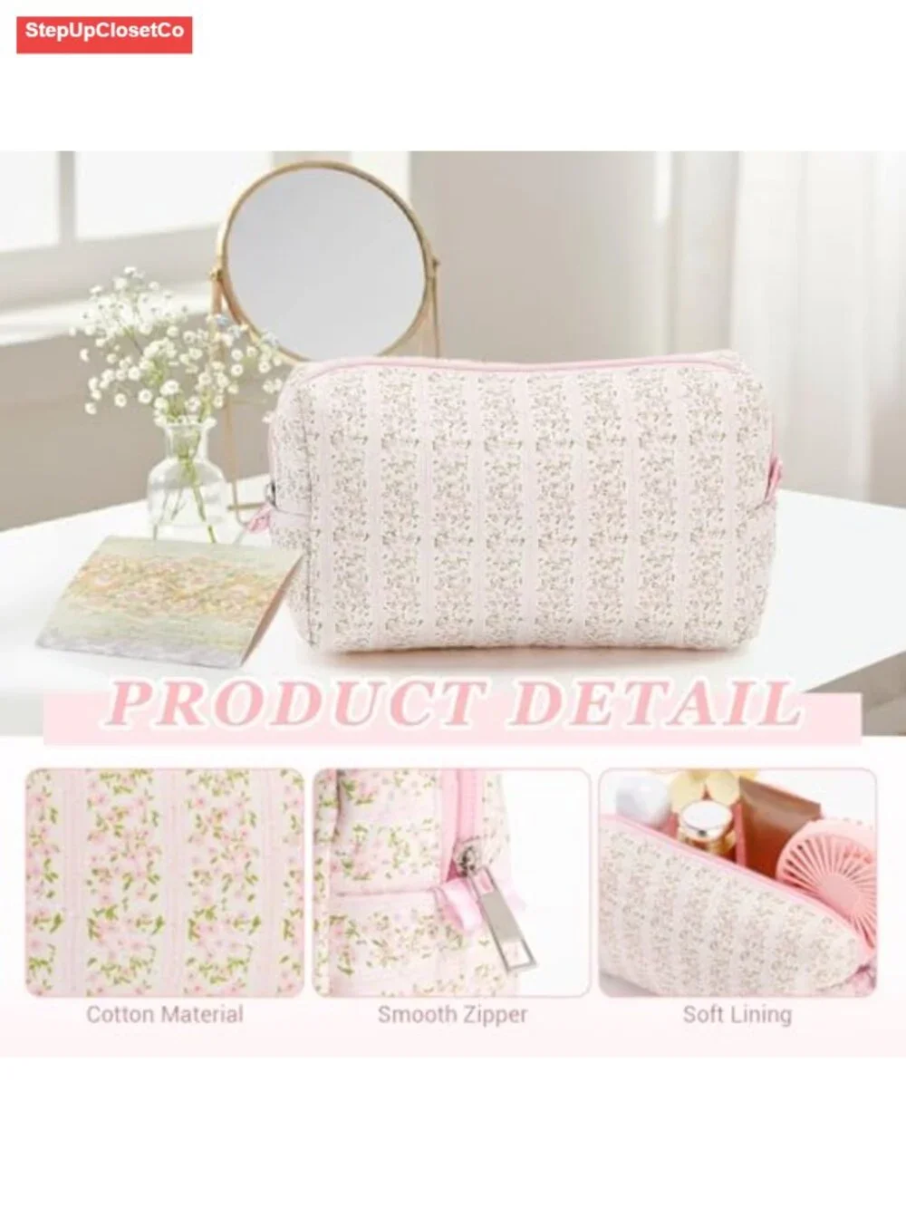 Quilted Cotton Makeup Bag Cute Floral Cosmetic Pouch Travel Toiletry Pencil Case